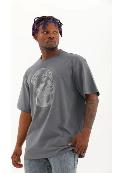 Unisex Oversize Taşlı Bisiklet Yaka T-Shirt - Füme modelleri