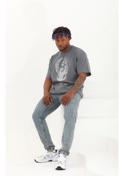 Unisex Oversize Taşlı Bisiklet Yaka T-Shirt - Füme fırsatları