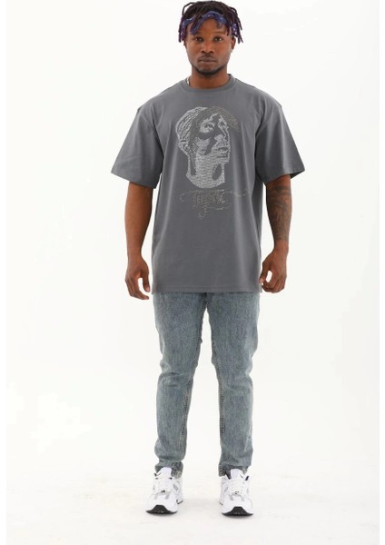 Unisex Oversize Taşlı Bisiklet Yaka T-Shirt - Füme indirimleri