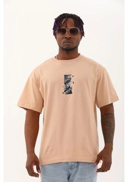 Unisex Oversize Baskılı Bisiklet Yaka T-Shirt - Bej fiyatları