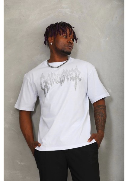 Unisex Oversize Taşlı Bisiklet Yaka T-Shirt - Beyaz