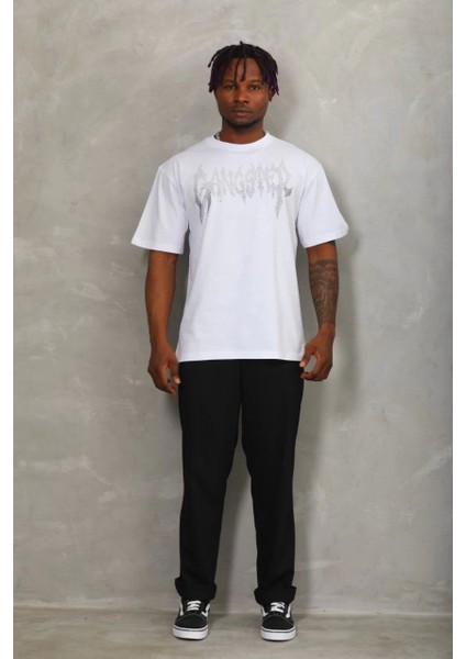 Unisex Oversize Taşlı Bisiklet Yaka T-Shirt - Beyaz indirimleri