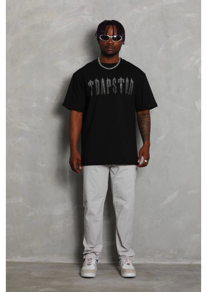 Unisex Oversize Taşlı Bisiklet Yaka T-Shirt - Siyah fırsatları