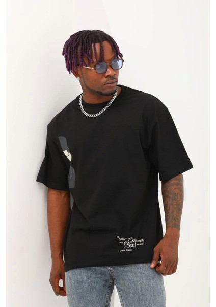 Unisex Oversize Baskılı Bisiklet Yaka T-Shirt - Siyah fiyatları