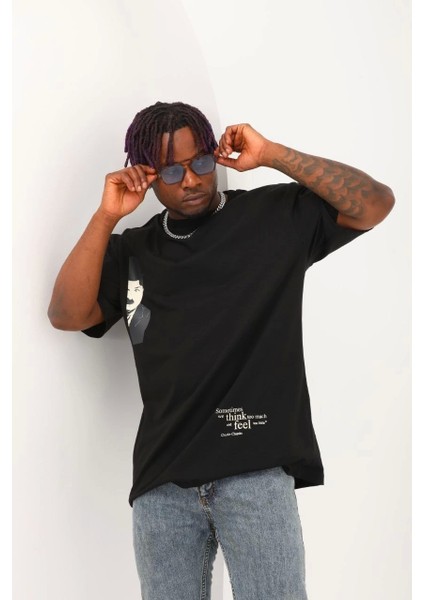 Unisex Oversize Baskılı Bisiklet Yaka T-Shirt - Siyah modelleri