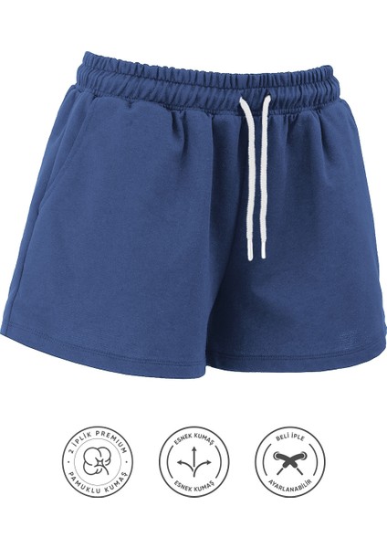 Kadın Pamuklu Indigo Beli Ipli Şort Günlük Basic Regular Fit Cepli Normal Bel Rahat Esnek 2 Iplik Ev Şortu fiyatları