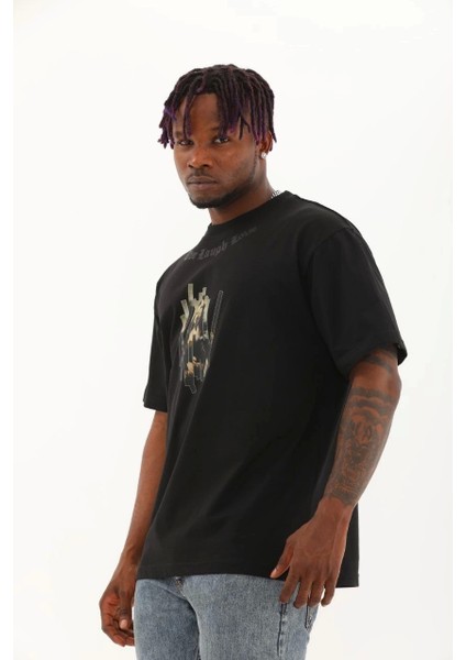 Unisex Oversize Baskılı Bisiklet Yaka T-Shirt - Siyah