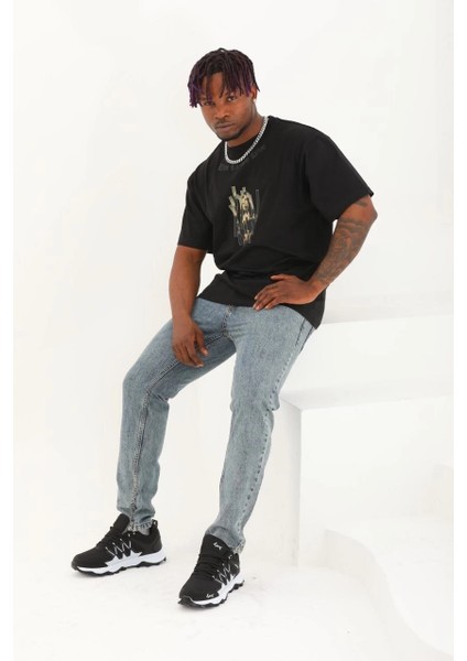 Unisex Oversize Baskılı Bisiklet Yaka T-Shirt - Siyah modelleri