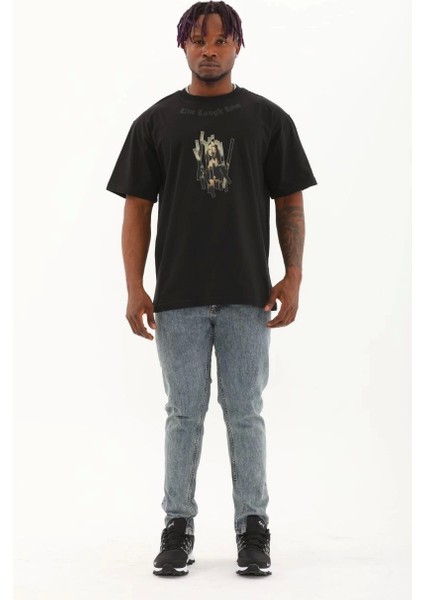 Unisex Oversize Baskılı Bisiklet Yaka T-Shirt - Siyah fırsatları