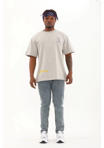 Unisex Oversize Baskılı Bisiklet Yaka T-Shirt - Gri fırsatları