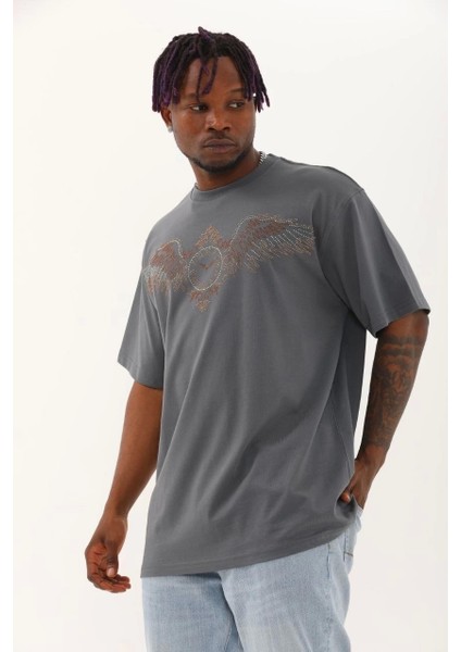 Unisex Oversize Taşlı Bisiklet Yaka T-Shirt - Füme modelleri