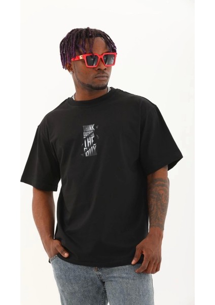 Unisex Oversize Baskılı Bisiklet Yaka T-Shirt - Siyah
