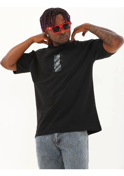Unisex Oversize Baskılı Bisiklet Yaka T-Shirt - Siyah fiyatları