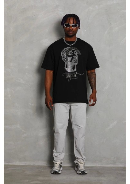 Unisex Oversize Taşlı Bisiklet Yaka T-Shirt - Siyah indirimleri