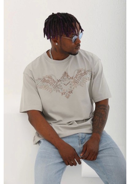 Unisex Oversize Taşlı Bisiklet Yaka T-Shirt - Gri modelleri