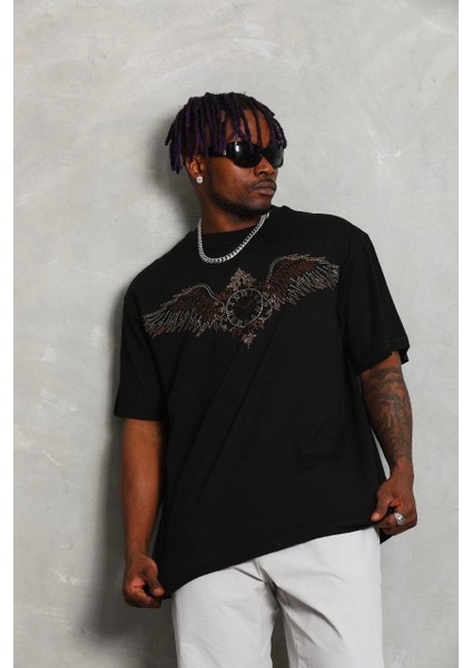 Unisex Oversize Taşlı Bisiklet Yaka T-Shirt - Siyah fırsatları