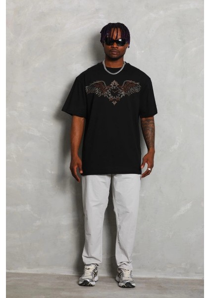 Unisex Oversize Taşlı Bisiklet Yaka T-Shirt - Siyah indirimleri