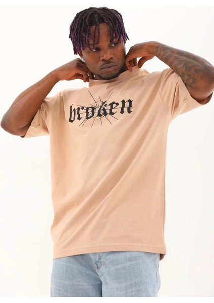 Unisex Oversize Baskılı Bisiklet Yaka T-Shirt - Bej modelleri