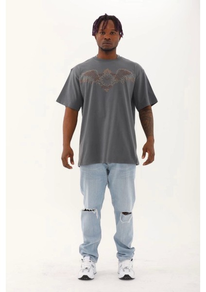 Unisex Oversize Taşlı Bisiklet Yaka T-Shirt - Füme indirimleri