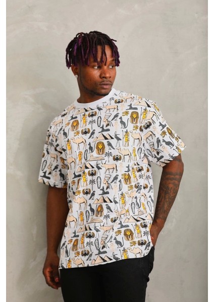 Unisex Oversize Baskılı Bisiklet Yaka T-Shirt - Beyaz