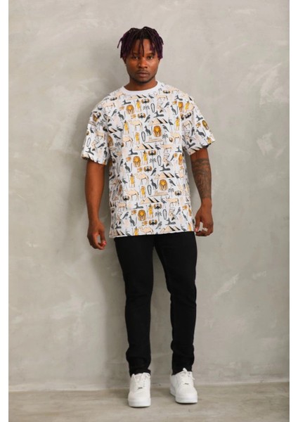 Unisex Oversize Baskılı Bisiklet Yaka T-Shirt - Beyaz modelleri