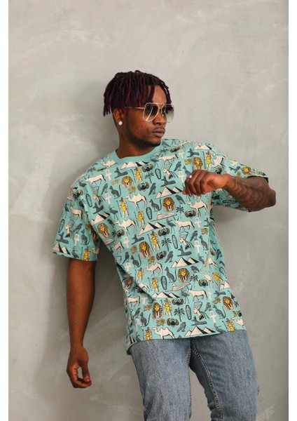 Unisex Oversize Baskılı Bisiklet Yaka T-Shirt - Mint Yeşili indirimleri