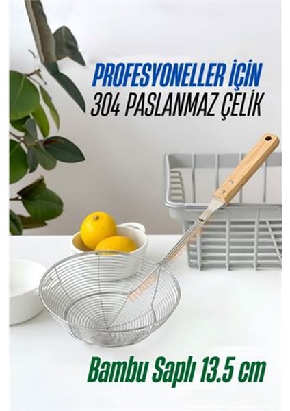 Bambu Saplı Kevgir Süzgeç 304 Paslanmaz Çelik 13.5 Cm