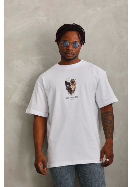 Unisex Oversize Baskılı Bisiklet Yaka T-Shirt - Beyaz modelleri