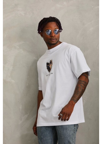 Unisex Oversize Baskılı Bisiklet Yaka T-Shirt - Beyaz fırsatları