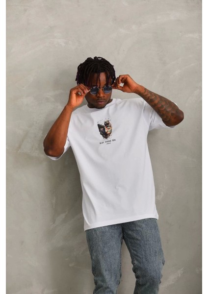 Unisex Oversize Baskılı Bisiklet Yaka T-Shirt - Beyaz indirimleri