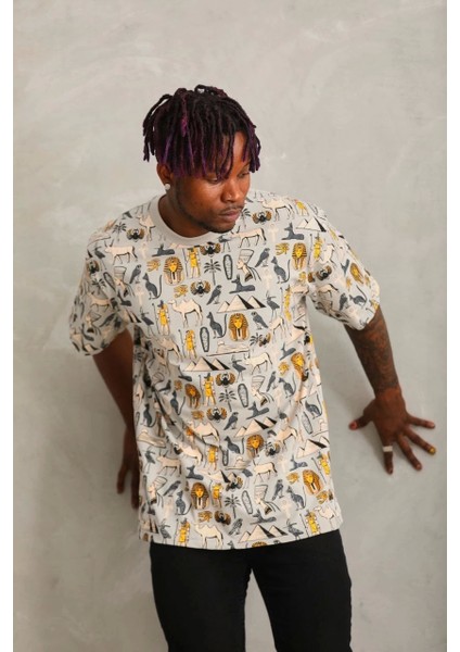 Unisex Oversize Baskılı Bisiklet Yaka T-Shirt - Gri indirimleri