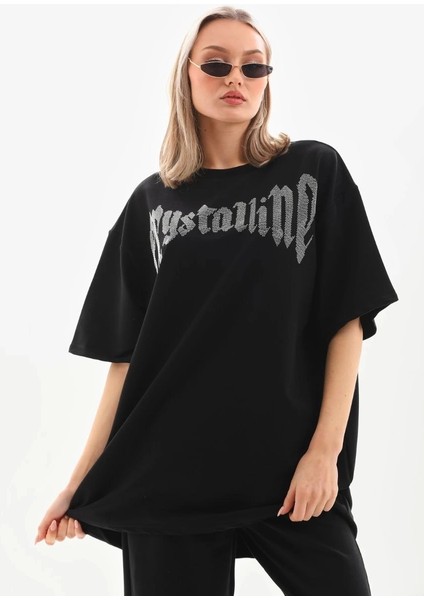 Unisex Taş Desenli Oversize T-Shirt - Beyaz