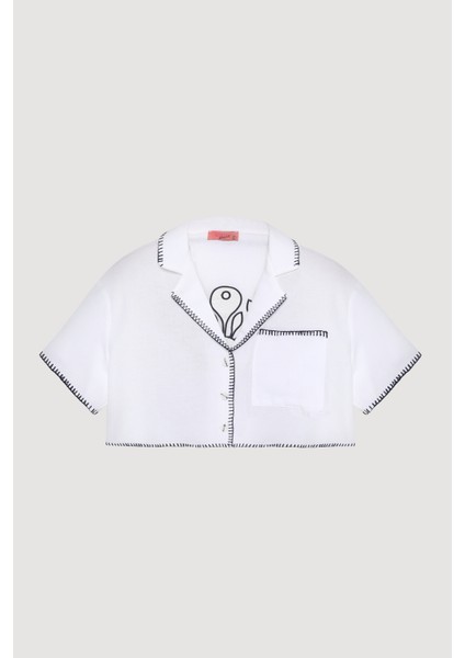 Sırtı Etnik Nakış Detaylı Cepli Keten Gömlek Beyaz