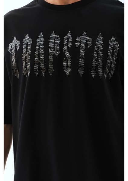 Unisex Oversize Taşlı Bisiklet Yaka T-Shirt - Siyah modelleri