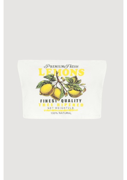 Limon Baskılı Straplez Bluz Ekru