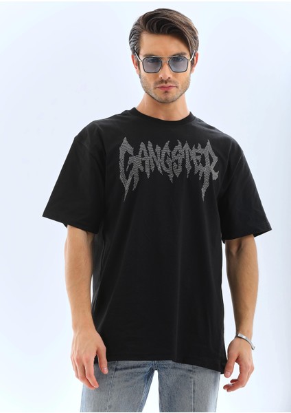 Unisex Oversize Taşlı Bisiklet Yaka T-Shirt - Siyah