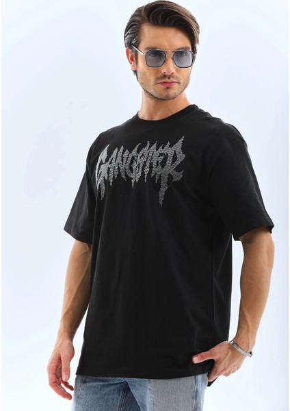 Unisex Oversize Taşlı Bisiklet Yaka T-Shirt - Siyah fırsatları