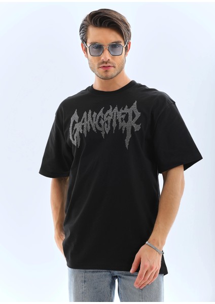 Unisex Oversize Taşlı Bisiklet Yaka T-Shirt - Siyah indirimleri