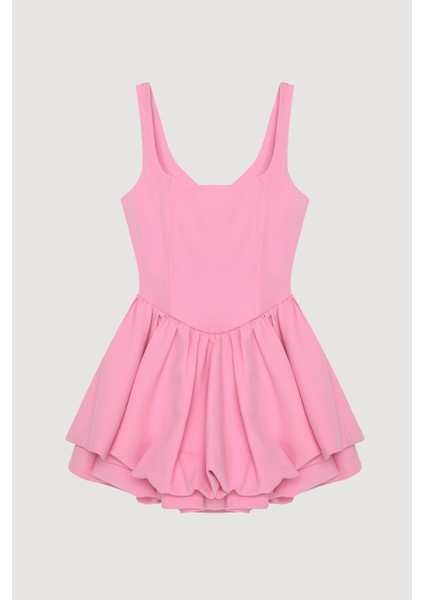 Balen Detaylı Volanlı Mini Elbise Pembe