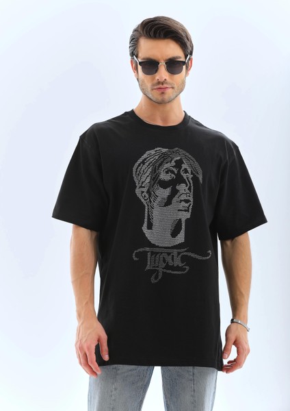 Unisex Oversize Taşlı Bisiklet Yaka T-Shirt - Siyah indirimleri