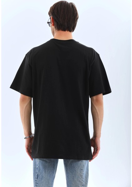 Unisex Oversize Taşlı Bisiklet Yaka T-Shirt - Siyah fiyatları