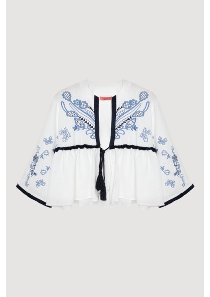 Etnik Nakış Işlemeli Bağlamalı Kısa Kimono Ekru