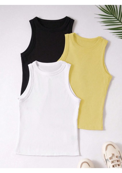 Üç Renk- Siyah Beyaz Sarı- Kadın Tank Top Bisiklet Yaka Atlet Kolsuz Yazlık Günlük Sıfır Kol Bluz