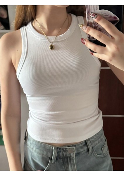 Üç Renk- Siyah Beyaz Sarı- Kadın Tank Top Bisiklet Yaka Atlet Kolsuz Yazlık Günlük Sıfır Kol Bluz