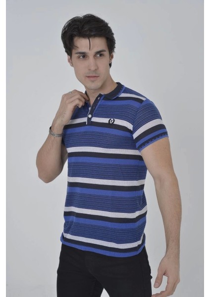 Erkek Yakalı Slim Fit Dokuma Çizgili T-Shirt - Mavi fiyatları
