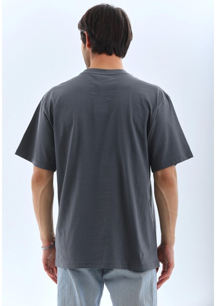 Unisex Oversize Taşlı Bisiklet Yaka T-Shirt - Füme fiyatları