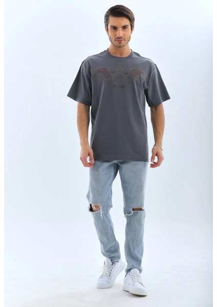 Unisex Oversize Taşlı Bisiklet Yaka T-Shirt - Füme fırsatları