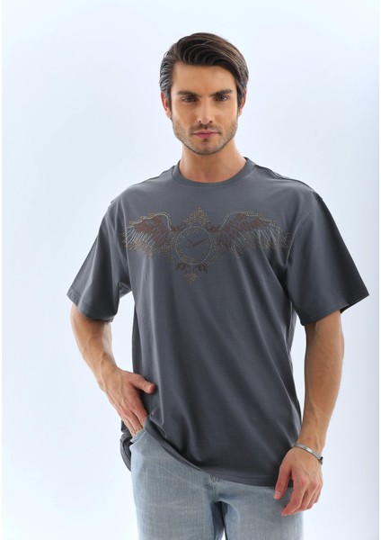 Unisex Oversize Taşlı Bisiklet Yaka T-Shirt - Füme indirimleri