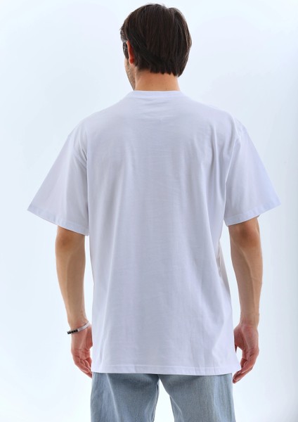 Unisex Oversize Taşlı Bisiklet Yaka T-Shirt - Beyaz fiyatları