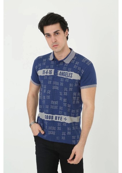 Erkek Yakalı Slim Fit Baskılı T-Shirt - Mavi modelleri
